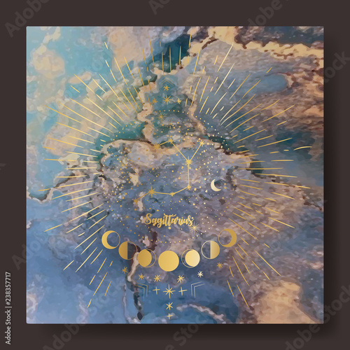 texture of liquid marble and yellow gold. constellations of animals and zodiac horoscope. trend vector. printable business card, flyer, brochure, flyer, poster