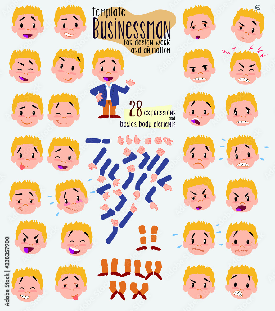 Businessman in casual style. Twenty eight expressions and basics body elements, template for design work and animation. Vector illustration to Isolated and funny cartoon character. Businessman in casual style. Twenty eight expressions and basics body elements, template for design work and animation. Vector illustration to Isolated and funny cartoon character.