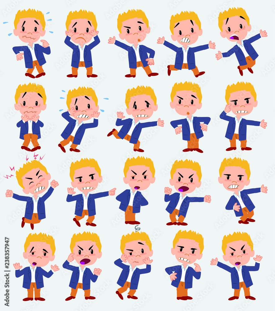 Cartoon character businessman in casual style. Set with different postures, attitudes and poses, always in negative attitude, doing different activities in vector vector illustrations.
