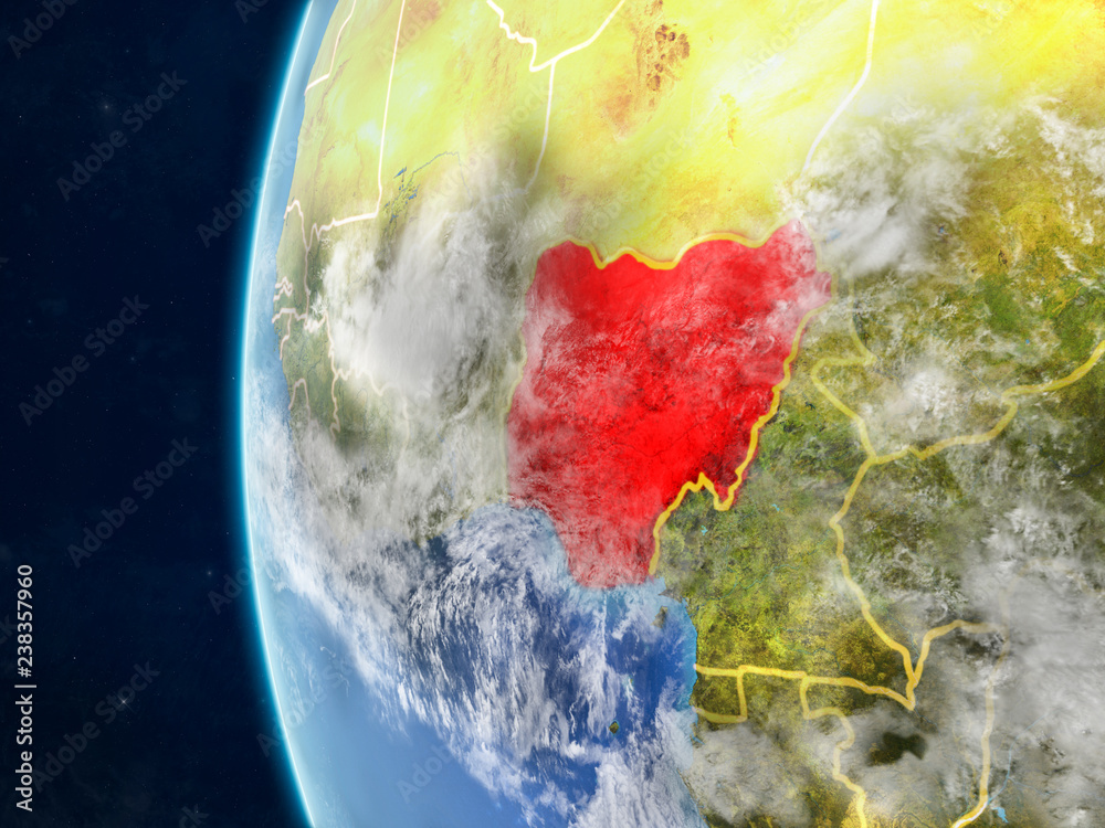 Nigeria from space on model of planet Earth with country borders and very detailed planet surface and clouds.