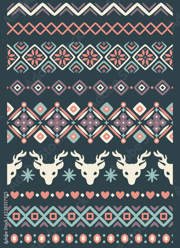 Vector ugly sweater seamless borders with norway ornament. Pattern brushes collection