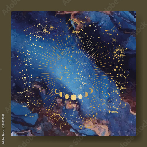 texture of liquid marble and yellow gold. constellations of animals and zodiac horoscope. trend vector. printable business card, flyer, brochure, flyer, poster