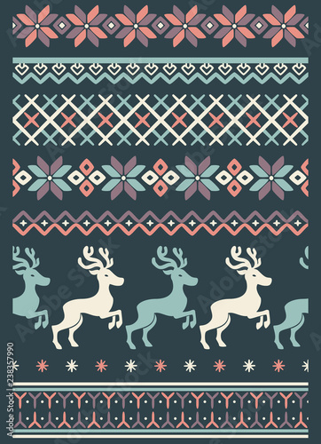 Vector ugly sweater seamless borders with norway ornament. Pattern brushes collection