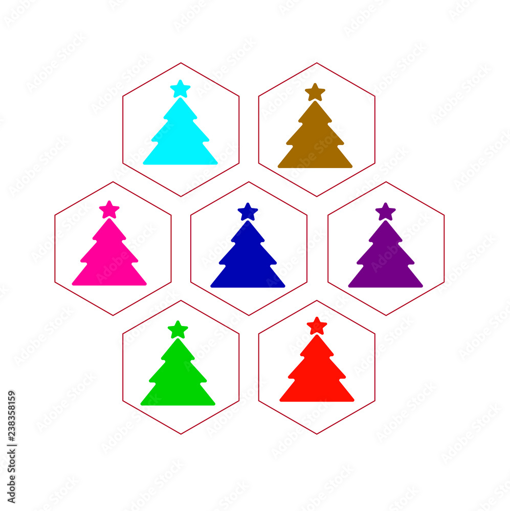 Big set of color vector icons of Christmas trees in honeycombs close-up