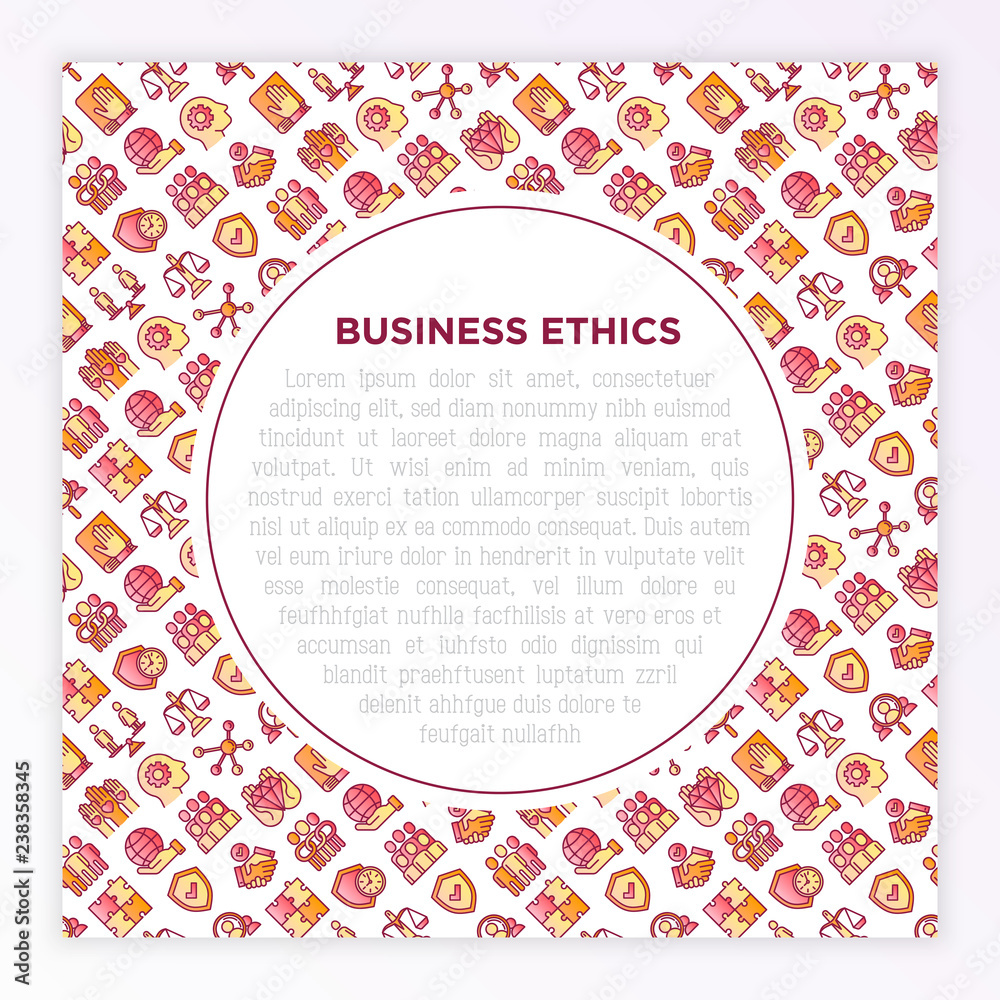 Business ethics concept with thin line icons: union, trust, honesty, responsibility, , commitment, no to racism, recruitment service, gender employment. Vector illustration, print media template. Business ethics concept with thin line icons: union, trust, honesty, responsibility, , commitment, no to racism, recruitment service, gender employment. Vector illustration, print media template.