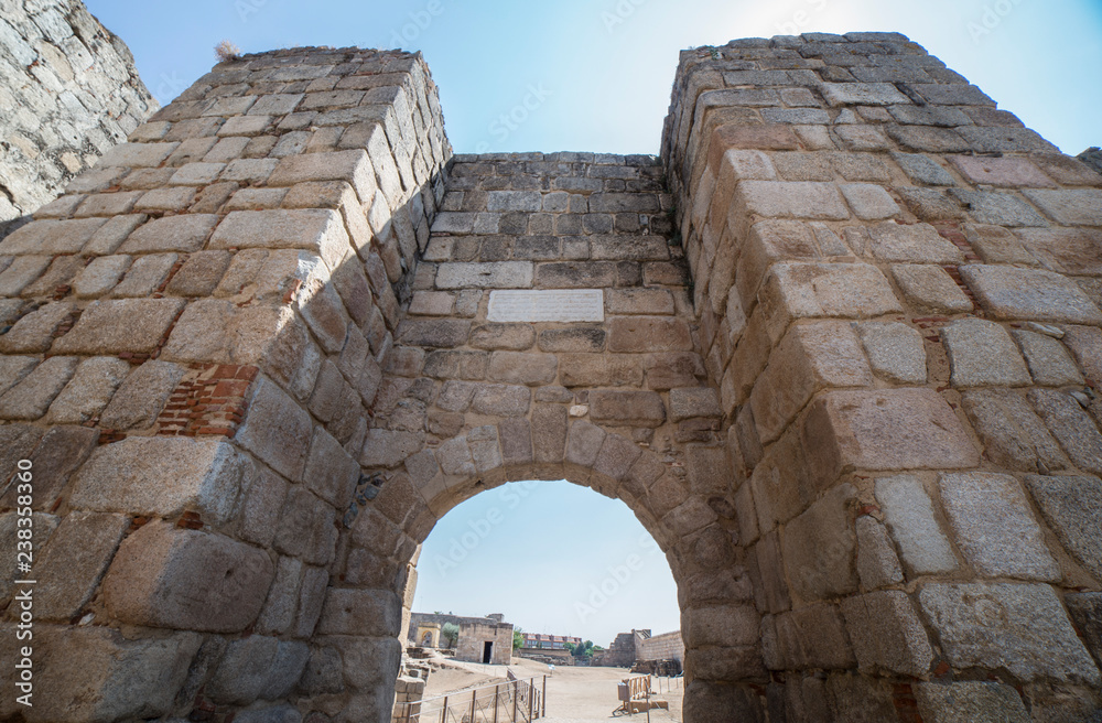 Alcazaba of Merida main entry, 9th century Muslim fortification, Spain