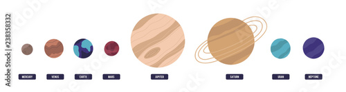 Planets of Solar system placed in horizontal row isolated on white background