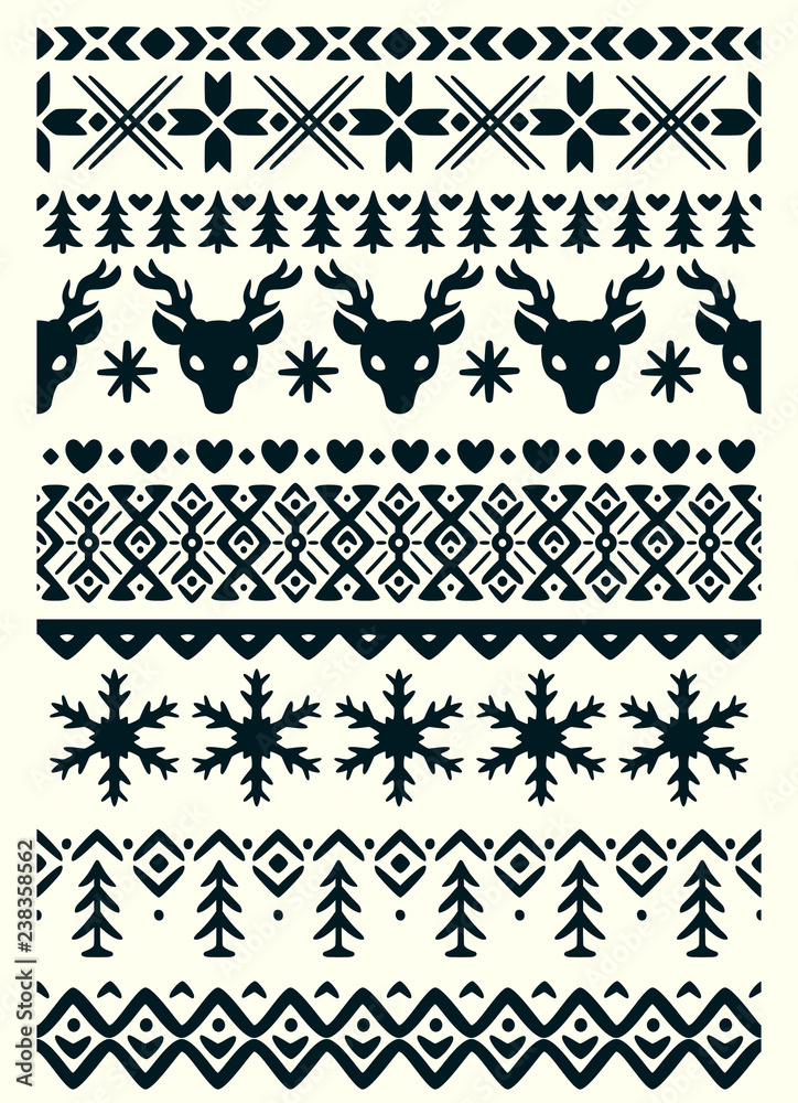 Vector ugly sweater seamless borders with norway ornament. Pattern brushes collection Vector ugly sweater seamless borders with norway ornament. Pattern brushes collection