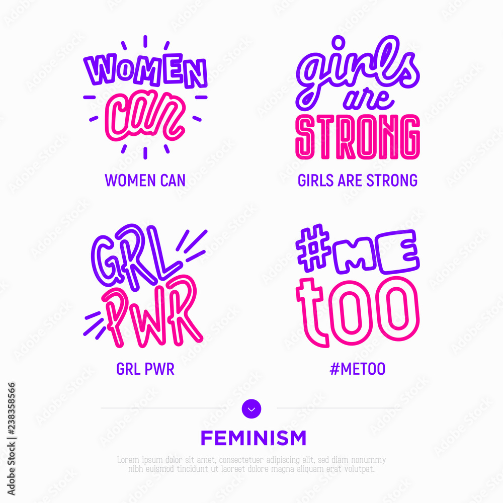 Feminism stickers: woman can, girl power, me too, girls are strong. Modern vector illustration.