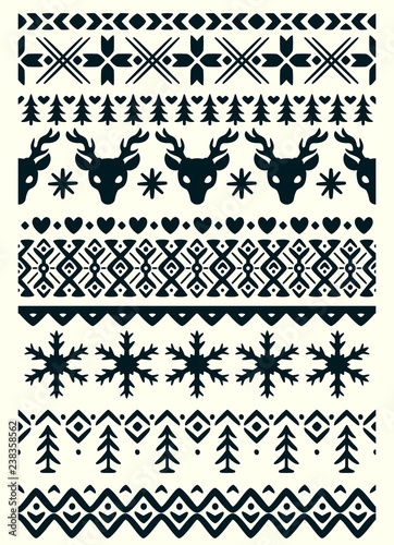 Vector ugly sweater seamless borders with norway ornament. Pattern brushes collection