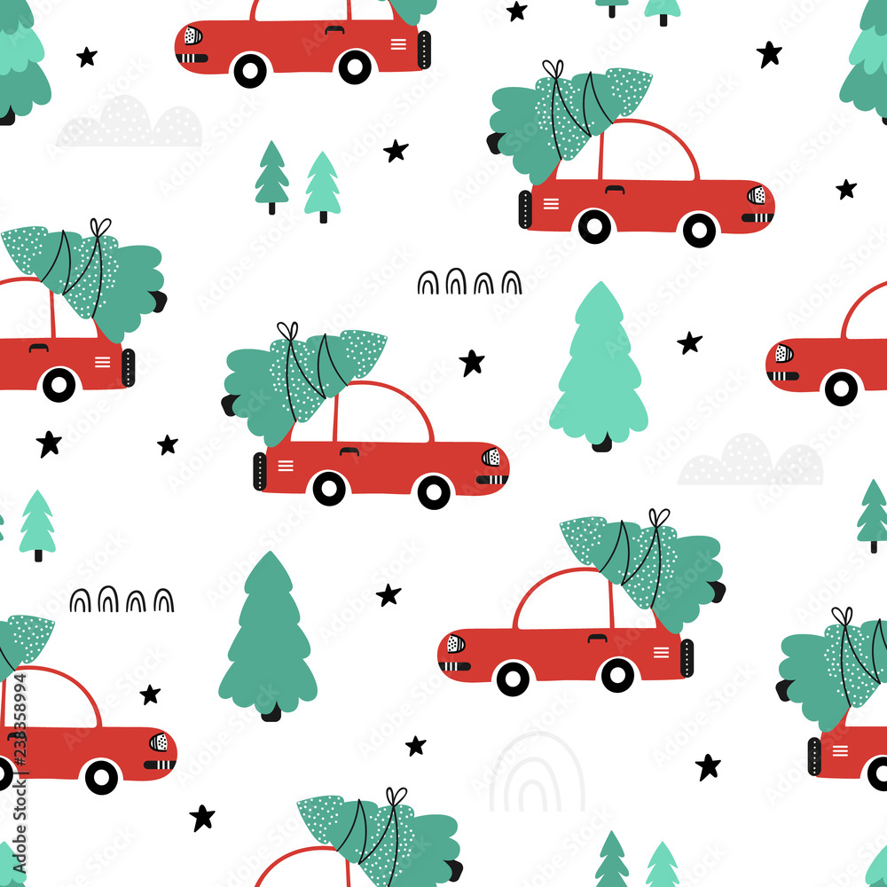 Christmas seamless pattern with red car