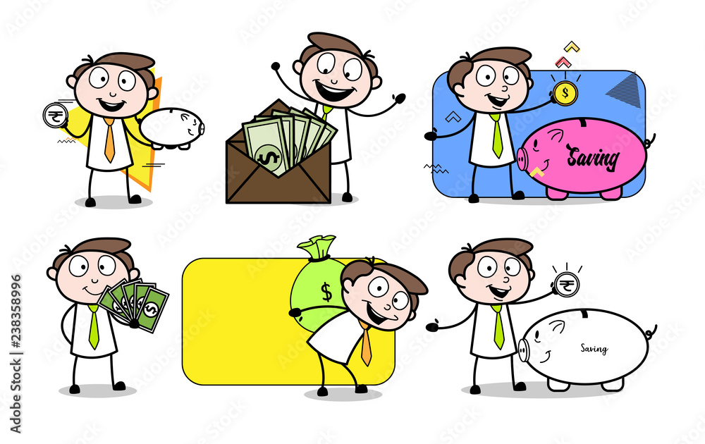 Cartoon Businessman Finance Money & Saving Poses