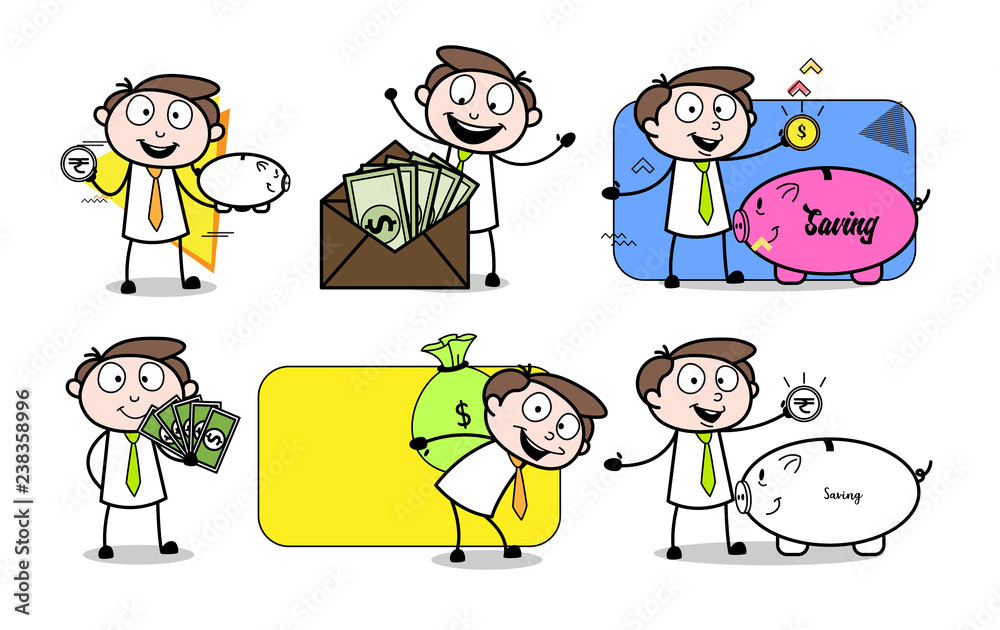 Cartoon Businessman Finance Money & Saving Poses Cartoon Businessman Finance Money & Saving Poses