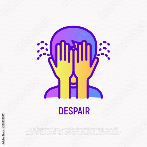 Despair thin line icon: man closed his face by hands. Modern vector illustration of negative emotion, depression, anxiety.