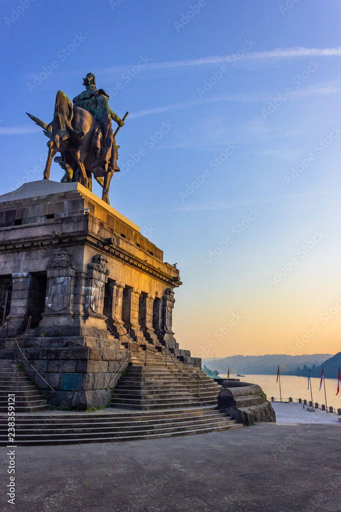 View on river moselle and river rhine from monument of Kaiser Wilhelm I (Emperor William), Deutsches Eck (German Corner) in Koblenz, Germany