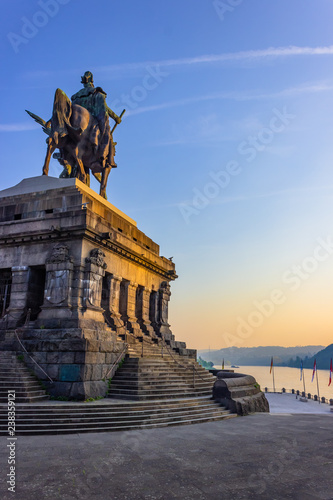 View on river moselle and river rhine from monument of Kaiser Wilhelm I (Emperor William), Deutsches Eck (German Corner) in Koblenz, Germany