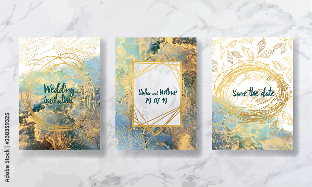 Fototapeta premium wedding invitation. a great celebration of lovers. texture of liquid marble and gold. print for leaflets, banners, flyers, business cards, cards. trend vector