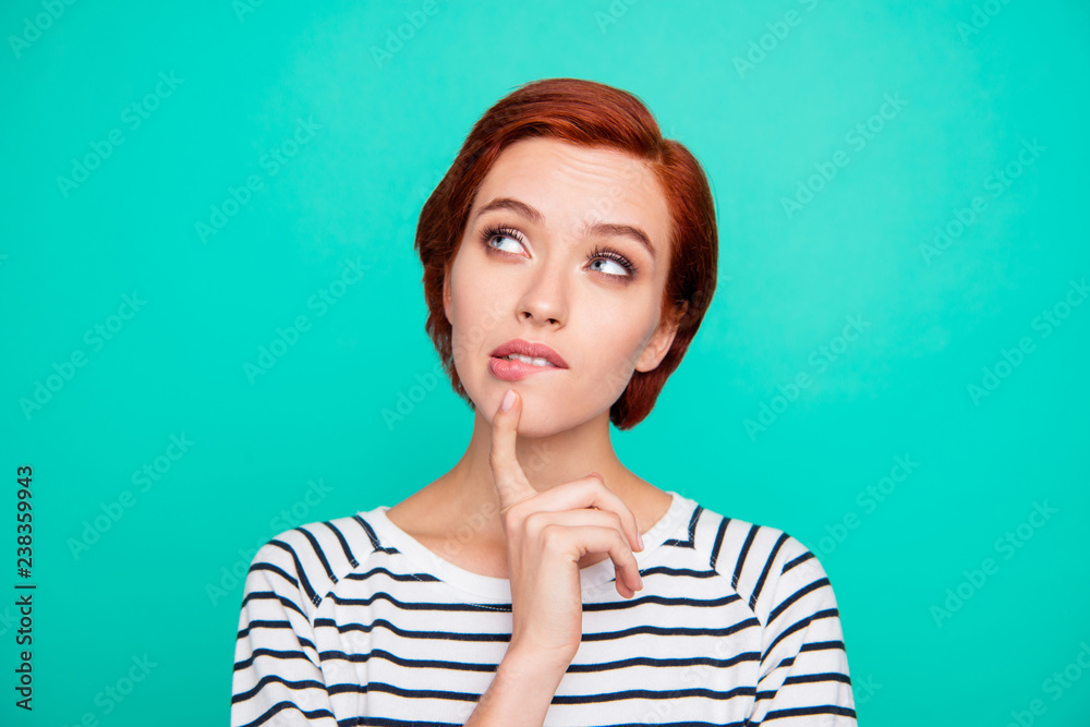 Headshot close up photo portrait of minded beautiful happy smiling looking up aside she her student lady freelancer isolated on turquoise background copyspace Headshot close up photo portrait of minded beautiful happy smiling looking up aside she her student lady freelancer isolated on turquoise background copyspace