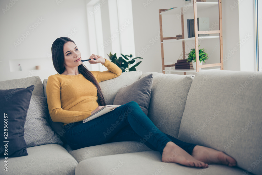 Nice lovely slim winsome attractive curious creative smart clever girl sitting on divan fantasizing writing commercial texts textbook in light interior room