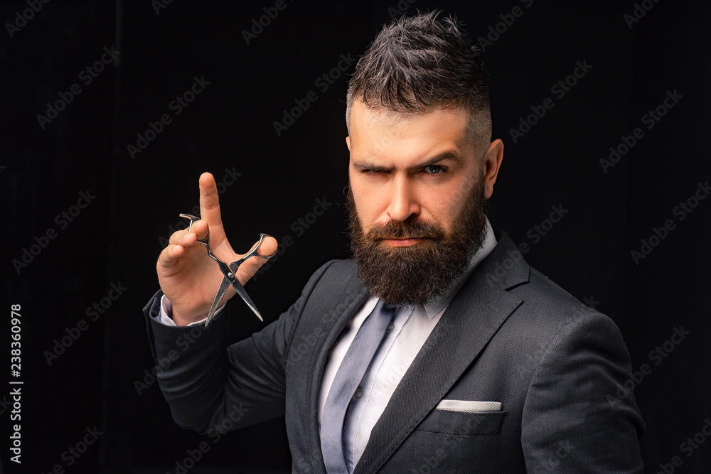 Barbershop. Hair salon and barber vintage. Barber on black background with  copy space. Beard care. Haircuts for men. Hairstyle for men. Bearded men  with hair scissors. Stock Photo | Adobe Stock