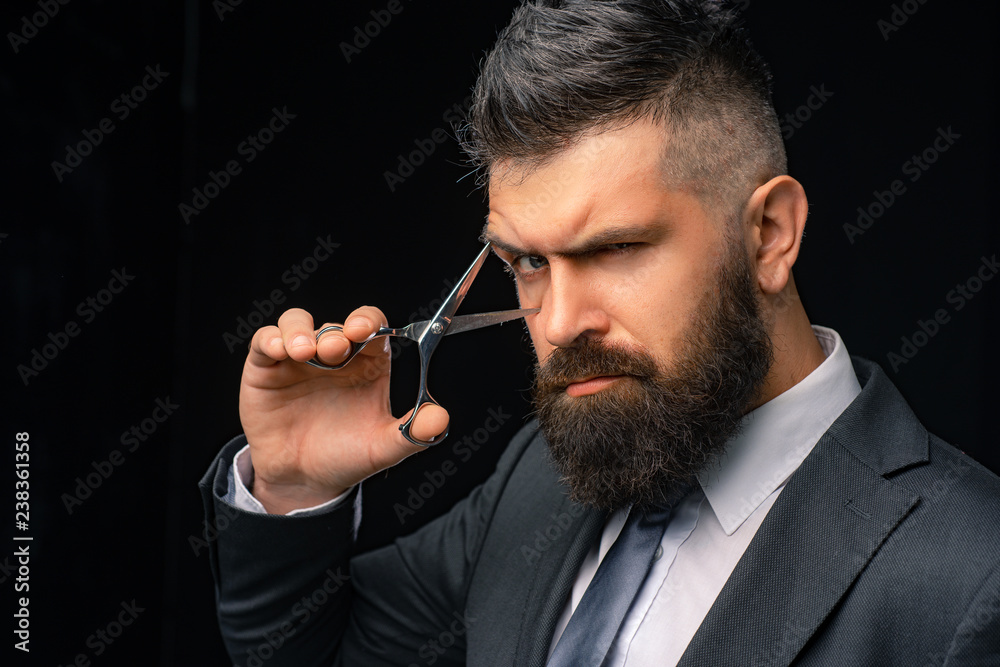 Perfect beard. Haircuts for men. Stylish and hairstyle. Hair salon and  barber vintage. Barber shop. Barber on black background with scissors.  Stock Photo | Adobe Stock