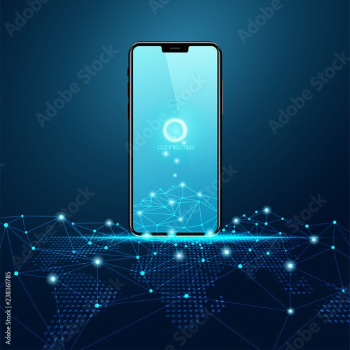 concept of mobile technology, black shiny futuristic mobile on wireframe net