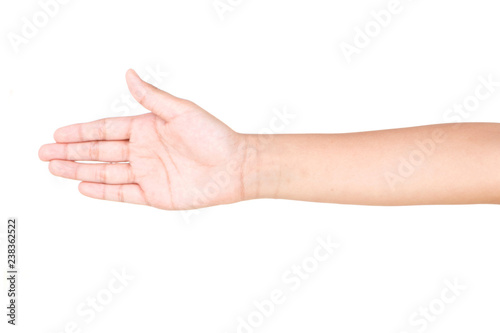 Boy caucasian hand gestures isolated over the white background. © aekkorn