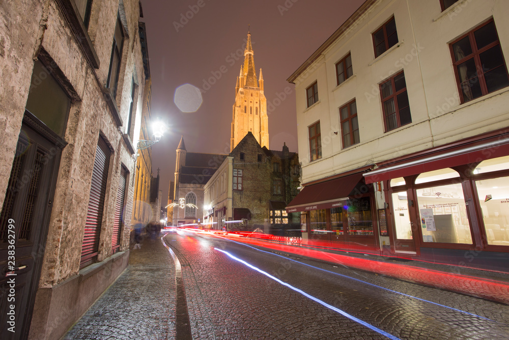BRUGES BELGIUM ON NOVEMBER 24, 2018: Cityscape by night in the medieval city