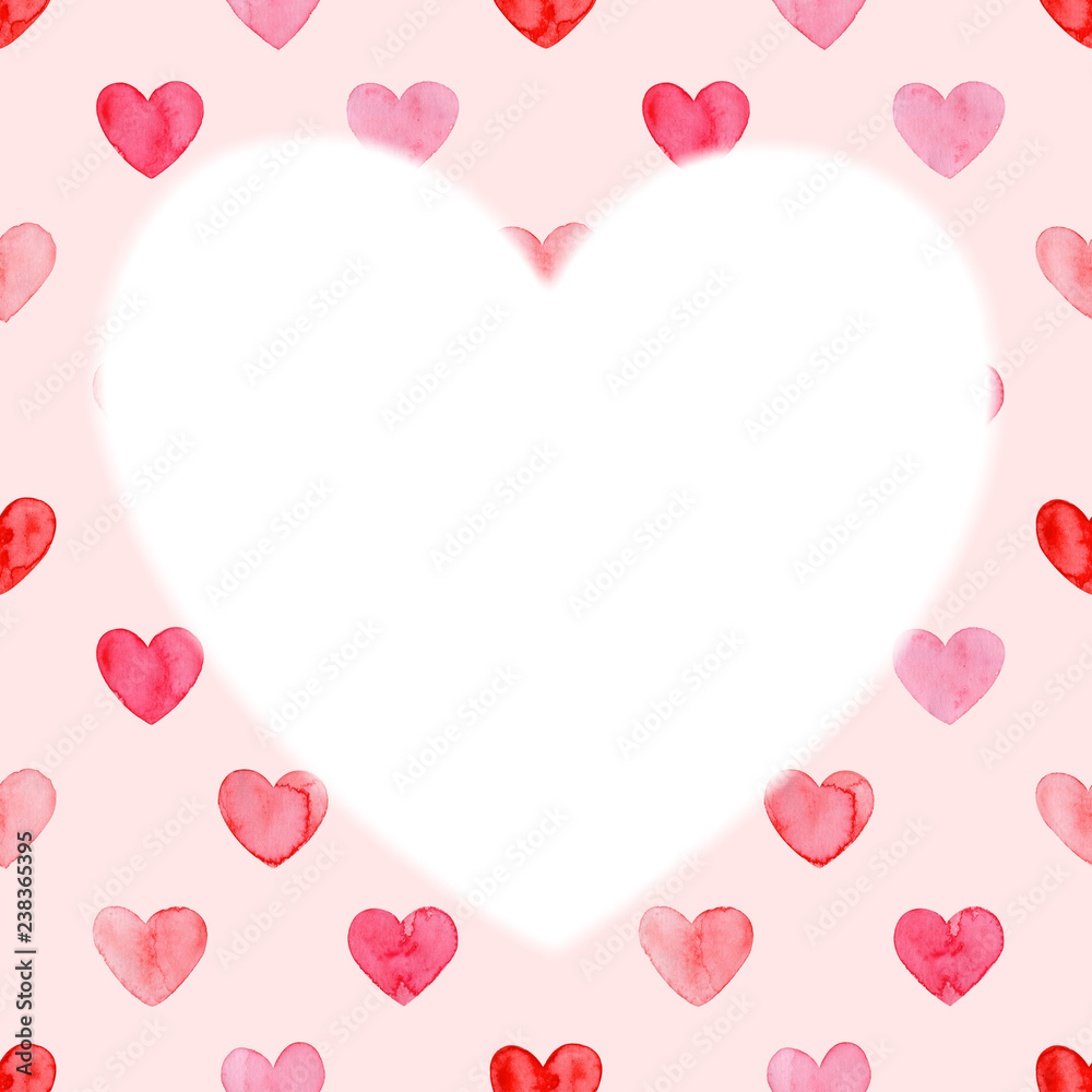 Valentines day card, aquarelle illustration. Seamless pattern with bright hand painted watercolor hearts. Romantic decorative background for Valentine's day gift paper, wedding decor or fabric textile Valentines day card, aquarelle illustration. Seamless pattern with bright hand painted watercolor hearts. Romantic decorative background for Valentine's day gift paper, wedding decor or fabric textile
