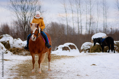 The happy female child is sitting on her horse. The joyful caucasian girl, 11 years old, and the red mare are on a farm.