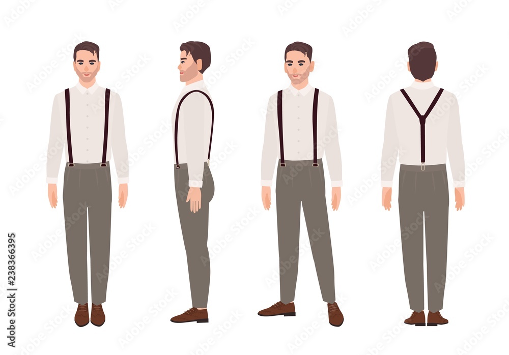 Man wearing trousers with suspenders and shirt. Elegant outfit. Stylish male cartoon character isolated on white background. Front, side, back views. Colorful vector illustration in flat style.