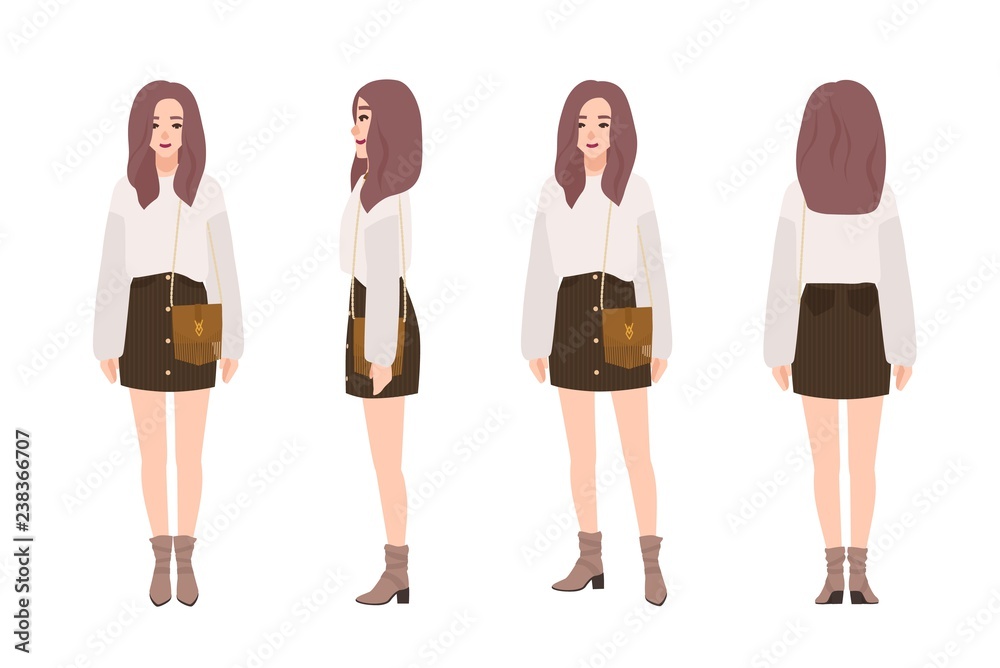 Cute smiling girl dressed in trendy casual clothes. Pretty young woman  wearing jumper and mini skirt. Stylish outfit. Female cartoon character  isolated on white background. Flat vector illustration. Stock Vector