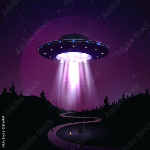 Flying UFO over night landscape vector illustration. Alien invasion of earth. Supernatural spaceship with glow lights hovers over the river