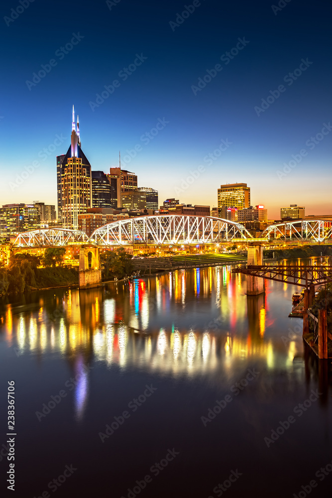 Nashville Skyline and John Seigenthaler Pedestrian Bridge at Dusk