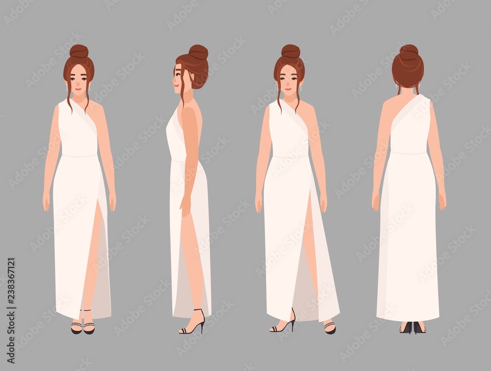 Fashionable woman in stylish evening maxi dress with elegant hairstyle