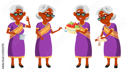 Indian Old Woman In Sari Vector. Elderly People. Hindu. Asian. Senior Person. Aged. Activity. Advertisement, Greeting, Announcement Design. Isolated Cartoon Illustration