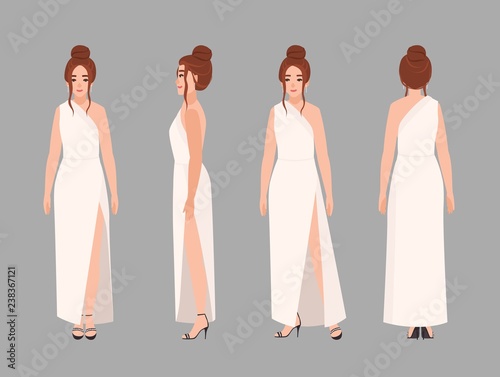 Fashionable woman in stylish evening maxi dress with elegant hairstyle. Charming female cartoon character isolated on white background. Front, side, back views. Flat colorful vector illustration.