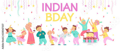 Vector illustration of children birthday Indian party. Happy boys & girls celebrating, bd cake, garland, confetti, feathers decor isolated. White background. Flat cartoon style. Invitation, tag, card.