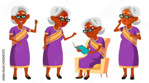Indian Old Woman In Sari Vector. Elderly People. Hindu. Asian. Senior Person. Aged. Comic Pensioner. Lifestyle. Postcard, Cover, Placard Design. Isolated Cartoon Illustration