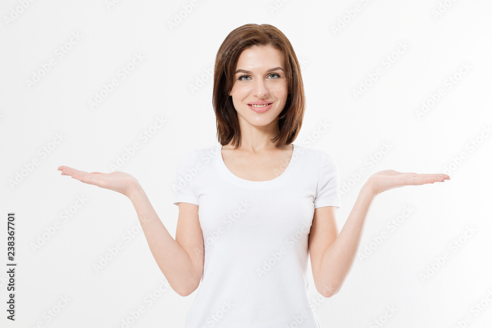 Caucasian girl in tshirt isolated on white background. Copy space. Beautiful young woman. Mock up. Summer clothes blank template white t shirt. Caucasian girl in tshirt isolated on white background. Copy space. Beautiful young woman. Mock up. Summer clothes blank template white t shirt.