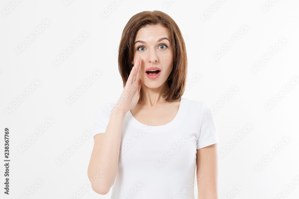 Caucasian young woman shouting hot news. gossip girl isolated on white background. Summer t shirt template blank. Copy space Caucasian young woman shouting hot news. gossip girl isolated on white background. Summer t shirt template blank. Copy space
