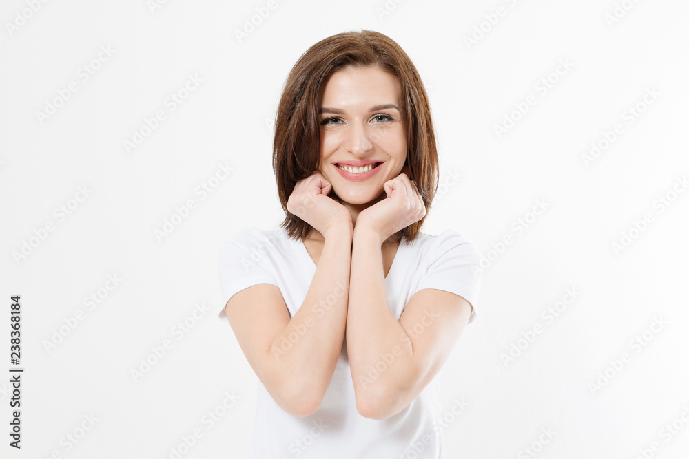 Surprised shocked excited caucasian woman face isolated on white background. Young girl in summer t shirt. Copy space Surprised shocked excited caucasian woman face isolated on white background. Young girl in summer t shirt. Copy space