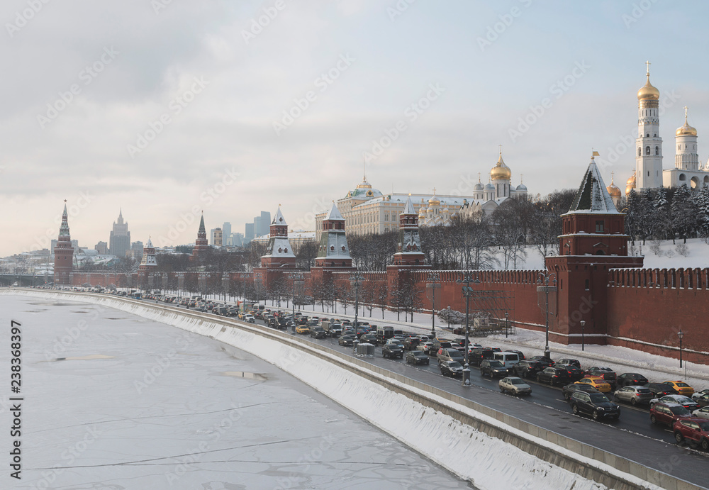 Moscow, Russia - December 1, 2018: Frosty winter sunny morning on The Kremlin embankment. View near to the Big stone bridge and the Cathedral of Christ the Saviour. Moscow. Russia.