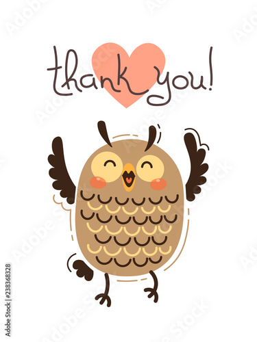 Funny owl says thank you. Vector illustration in cartoon style