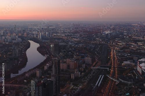Moscow, Russia - December 14, 2018: An aerial sunset panoramic view of Moscow in the evening