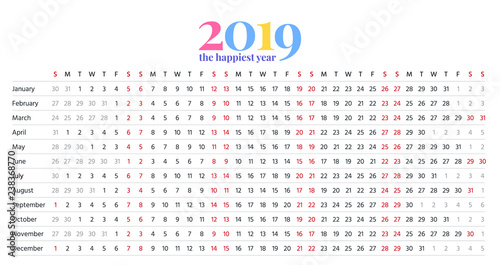 2019 calendar linear design. Vector. Stationery template 2019 year in simple style with months. Yearly calendar organizer, english. Portrait horizontal orientation. Isolated illustration.