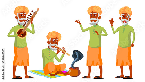 Indian Old Man Poses Set Vector. Hindu. Asian. Elderly People. Senior Person. Aged. Snake Cobra Dance. Advertisement, Greeting, Announcement Design. Isolated Cartoon Illustration