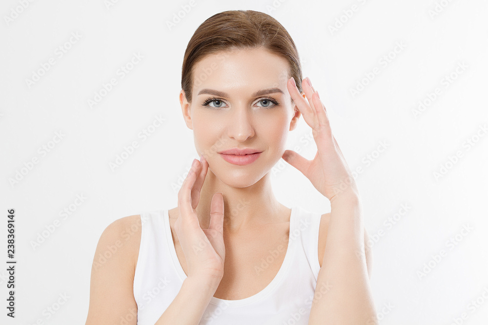 Macro Woman face with no wrinkles on forehead. Skin care and spa face beauty. Cosmetology facial treatment and anti aging concept. Copy space Macro Woman face with no wrinkles on forehead. Skin care and spa face beauty. Cosmetology facial treatment and anti aging concept. Copy space