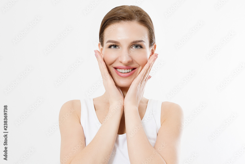 Young beautiful woman touching clean fresh face skin . Anti aging concept. Facial treatment . Cosmetology , Beauty and spa. Isolated on white Young beautiful woman touching clean fresh face skin . Anti aging concept. Facial treatment . Cosmetology , Beauty and spa. Isolated on white