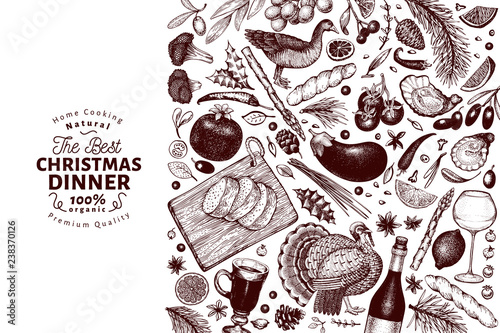 Happy Christmas Dinner design template. Vector hand drawn illustrations. Greeting Christmas card in retro style. Frame with harvest, vegetables, pastry, bakery, meat